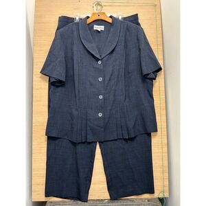 Danny & Nicole Navy Blue Short Sleeve Pant Suit Set Plus Size 24W Pleated Hem